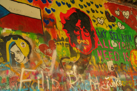 At Prague - Czech Republic - On 07/25/2015 - colored graffiti of so called John Lennon wall in Pragueのeditorial素材