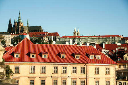 View of Prague cityscape on sunset, Czech Republicの写真素材