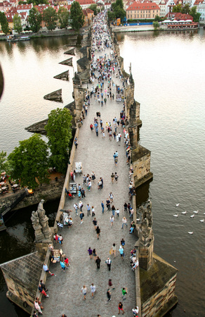 At Prague- Czech Republic - On 07/26/2015 - View of Charles bridge and Prague cityscape on sunset, Czech Republicのeditorial素材