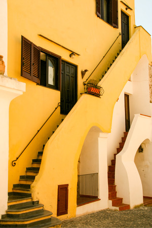 Typical colored fishermen houses of Procida in Terra Murata old quarter , Naples, Italyの写真素材