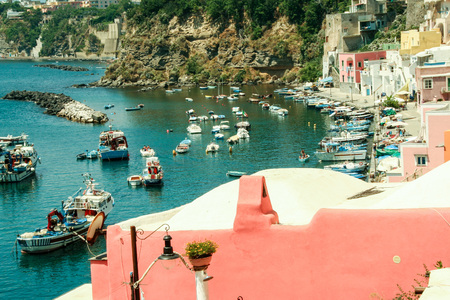 At Procida - Naples- Italy-  ON  06/27/2014the charming port of Corricella  with its colorful fishermen houses, island of Procida Naples, Italyのeditorial素材