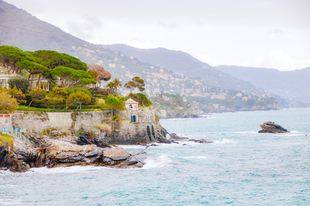 Landscape of ligurian coastline as seen from Anita Graibaldi promenade at Nervi, Liguria, Italy 