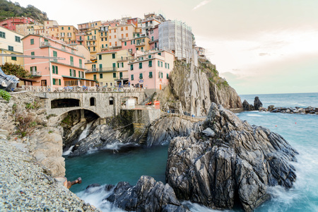 View of Manarola at dawn, one of the most picturesque village of Cinque Terre, the five lands in Liguria, Italyのeditorial素材