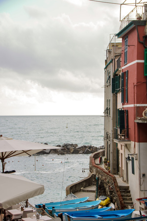 At Riomaggiore, Italy - On mrch, 31, 2018 - The little marina of Riomaggiore, one of the most picturesque village in Cinque Terre in Liguria region, Italyのeditorial素材