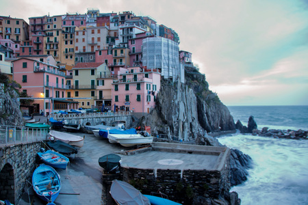View of Manarola at dawn, one of the most picturesque village of Cinque Terre, the five lands in Liguria, Italyのeditorial素材