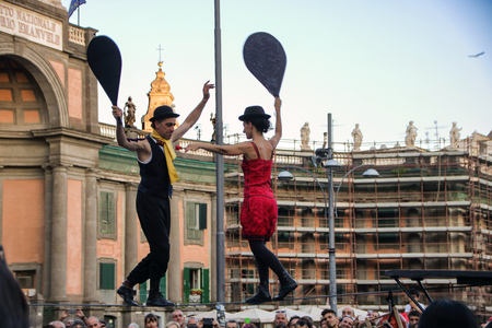 At Naples, Italy, On june, 09/2018 - tightrope walkers at Piazza Danteのeditorial素材