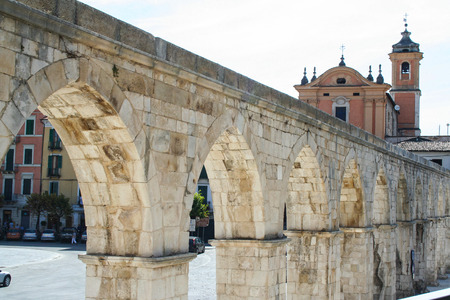 At Sulmona - on august 2011 - medieval aqueduct In Garibaldi square.のeditorial素材