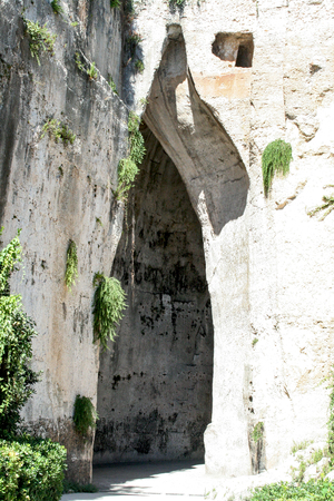 Dionysius ear , ancient greek prison called Latomie in Siracusa archaeological park, Italyの写真素材