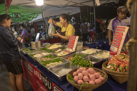 At Chang Rai - Thailand - on august 2018 - Traditional stall of thai street food in the night marketのeditorial素材
