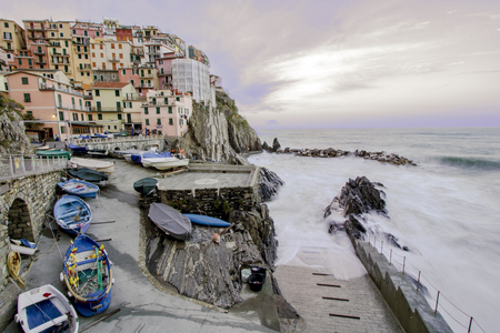 View of Manarola at dawn, one of the most picturesque village of Cinque Terre, the five lands in Liguria, Italyの写真素材
