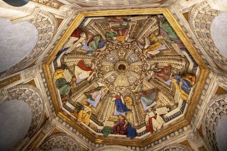 At Loreto - Italy - On  april 2019 -sacristy of St. Marc with frescoes of the 15th century by Melozzo da ForlÃ¬ (1477-1480). In the vault, 8 windows in which 8 angels can be seen each one carrying a symbol of the Passion; in Marche region, Ancona provinceのeditorial素材