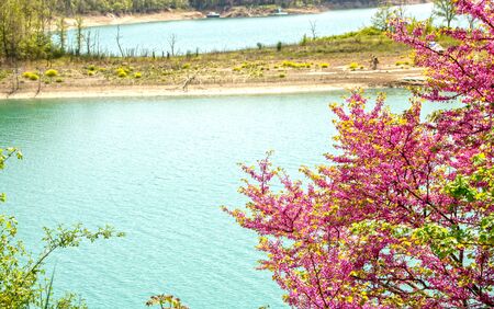 Castreccioni lake, also known as Lake of Cingoli,  created in the â80 when a dam was placed across the Musone River.  It's The biggest artificial lagoon in the Marche region. Italyの写真素材