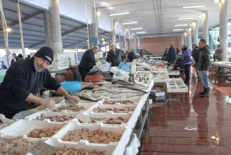 At Pozzuoli, Italy, on january 2020 - fish stalls in covered  fish marketのeditorial素材