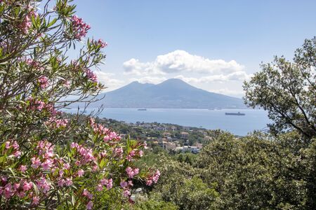 Mount Vesuvius iconic silhouette as seen from Virgliano Park on springtime, Naples, Italyの写真素材