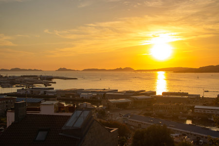 Landscape of Vigo, at sunset, Galicia, Spainの写真素材