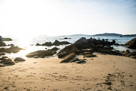 Sunset on Samil beach, Vigo, Galicia, Spainの写真素材