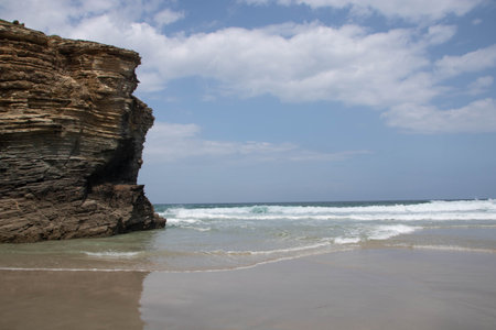 Praia das Catedrais, or Cathedral beach on the Atlantic coast of Galicia in Spainの写真素材