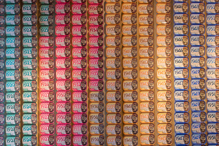At Braga, Portugal, On 07,17,2023, wall of colored tin cans with variety of seafoodのeditorial素材