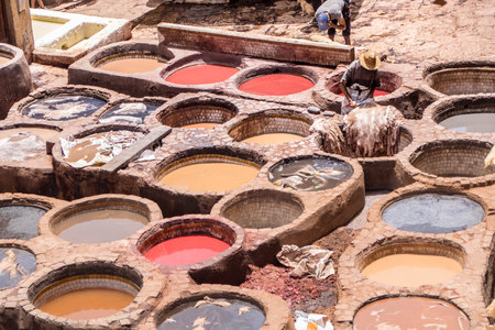 At Fes, Morocco, On 05,08,2024, Chouara Tannery, the largest tannery in the city and one of the oldestの写真素材