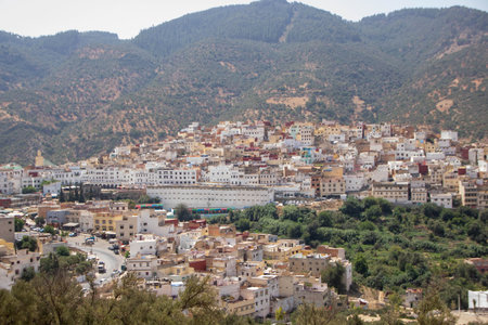 Moulay Idriss, Moulay Driss Zerhoun or simply Zerhoun, in the FÃ¨s-MeknÃ¨s region of northern Morocco, spread over two hills at the base of Mount Zerhounの写真素材