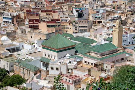aerial view of the Medina and religious complex of Zawiya at Moulay Idrissの写真素材