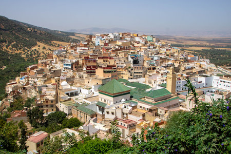 aerial view of the Medina and religious complex of Zawiya at Moulay Idrissの写真素材