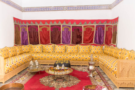 Beautifully decorated room in the Bahia Palace, a mid-to-late 19th-century palace in Marrakesh, Moroccoの写真素材