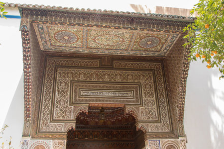 Intricate carved wood decorations in the Bahia Palace, a mid to late 19th-century palace in...