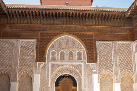 At Marrakech, Morocco, The Medersa Ben Youssef, built in the 14th century as a religious school for Islamic studies.の写真素材