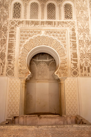 At Marrakech, Morocco, on 08/08/24, the prayer hall of Medersa Ben Youssef, built in the 14th century as a religious school for Islamic studies.の写真素材