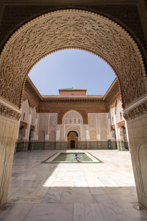 At Marrakech, Morocco, On 08/08/24, The Medersa Ben Youssef, built in the 14th century as a religious school for Islamic studies.の写真素材