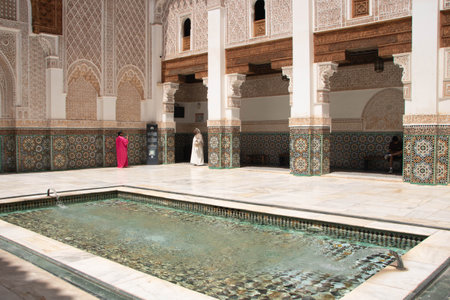 At Marrakech, Morocco, The Medersa Ben Youssef, built in the 14th century as a religious school for Islamic studies.の写真素材