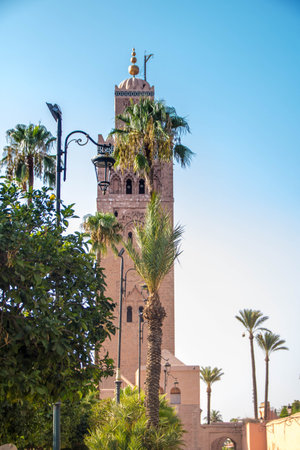 the Kutubiyya Mosque or Koutoubia Mosque, the largest mosque in Marrakesh, Moroccoの写真素材
