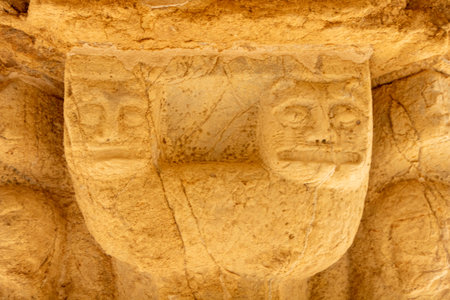 detail of a Romanesque capital in the Old Cathedral of Coimbra (Portuguese: SÃ© Velha de Coimbra),...