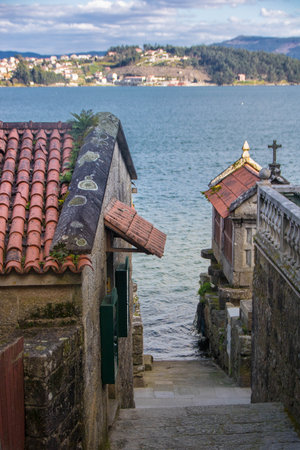 the historic fishing village of Combarro in RÃ­as Baixas, Province of Pontevedra, known for its ancient horreosの写真素材