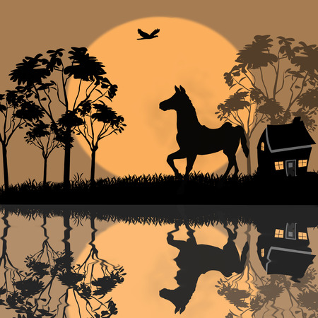landscape with horse at night near a house vector illustrationのイラスト素材