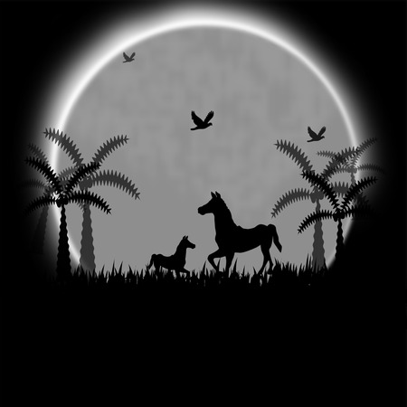 night landscape with horses background with vector illustrationのイラスト素材