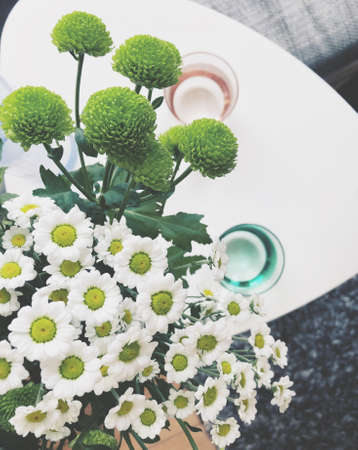 Flowers in a vase photographed from above.の写真素材