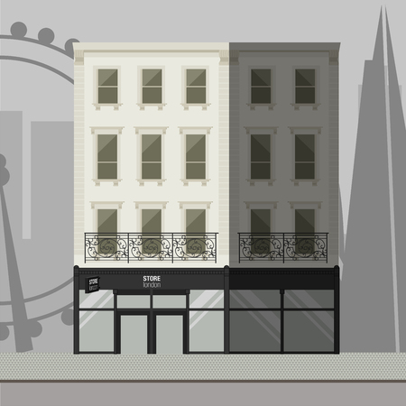 White apartment building with a balcony and a store on the ground floor.のイラスト素材