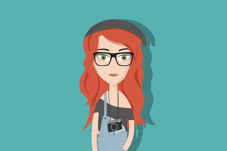 Hipster cartoon character. Woman with read hair, glasses and an instant camera. Flat vector illustration.のイラスト素材