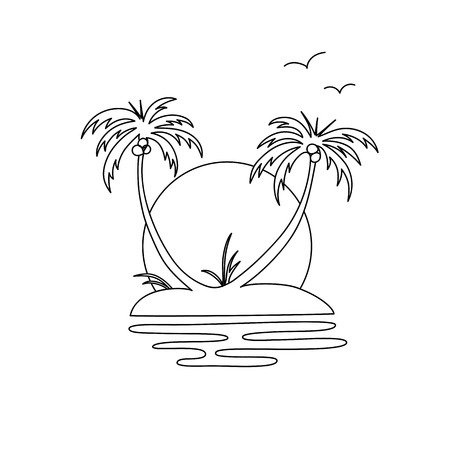 Illustration an oasis island with two palm trees, sunset and birds.のイラスト素材