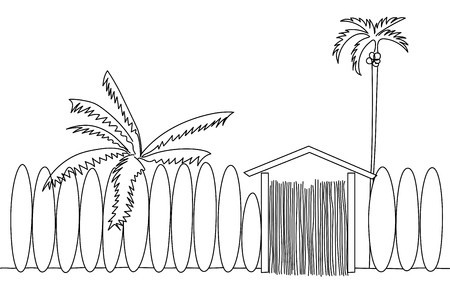 Single  illustration of a surf school with palm trees on the beach.のイラスト素材