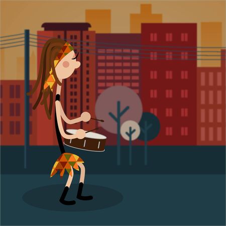 Female drums performacing drumming in the streetsのイラスト素材