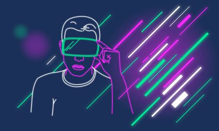 Young man adjusting his virtual reality glasses. Futuristic style illustration.のイラスト素材