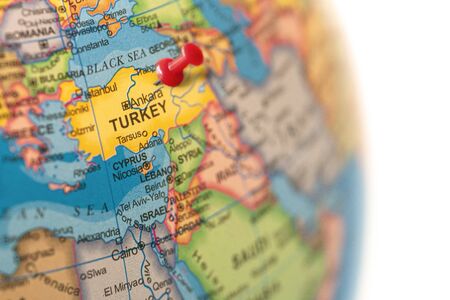Turkey map. Earth globe close up with a red pin in Turkey.の写真素材