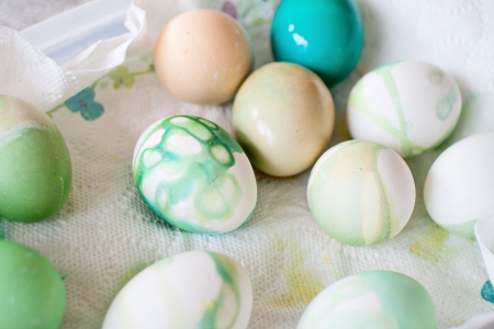 Hand dyed Easter eggs drying on a paper towel