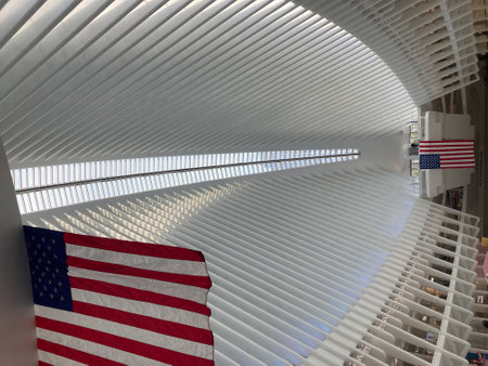American flag inside an airport terminal in New York City, USA.