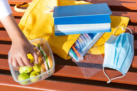Lunch box, childs hands. Sandwiches and apples in a plastic container. Back to school. Lunch break. Yellow backpack with school supplies.の写真素材