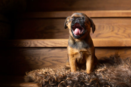 Little cute brown Brussels griffon puppy sits on a wooden ladder, yawns.の写真素材