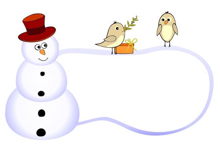 Funny snowman and two birds with olive branchのイラスト素材
